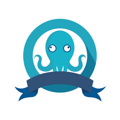 Blue octopus with wide eyes and dark blue ribbon on white background cephalopod marine animal