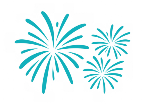 Light blue fireworks exploding in the night sky, creating a festive atmosphere, with transparent background