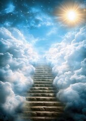 Stone staircase leading to a heavenly glow with surrounding clouds. Stairway heaven, orange