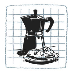 Hand-drawn doodle illustration of coffee and coffee machines. Perfect for café branding, menu design, lifestyle illustrations, creative packaging, and social media content.