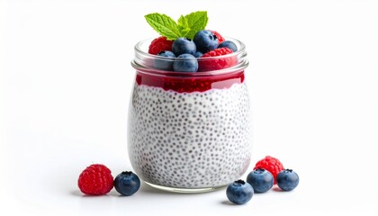 Healthy chia seed pudding in a glass jar with fresh raspberries, blueberries, and mint garnish on a white background.