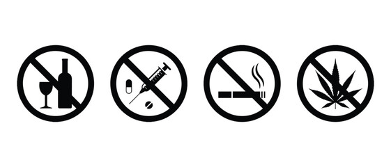 Prohibited Substance and Activity Icons. No Alcohol, Drugs, Smoking, or Marijuana Symbols.