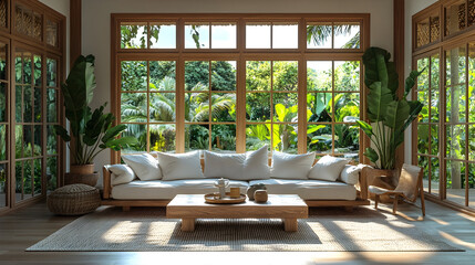 Fototapeta premium Living room interior with nature view