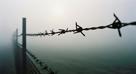 Close-up of barbed wire fence on a foggy day with a blurred background