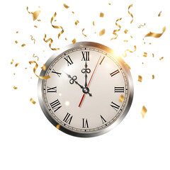 Vintage clock with gold confetti falling, isolated on transparent background, symbolizing new years eve countdown and celebration
