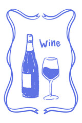 Sketch of a wine bottle and glass in chalk drawing. Vintage rustic beverage concept. Summer sea travel poster with crayon or charcoal line texture for bar menu, wall art graphics, vineyard branding.
