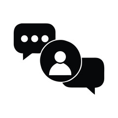 Minimalist vector illustration of a group chat with people and speech bubbles. Clean black glyph design symbolizing teamwork and digital conversation.