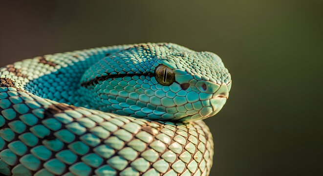 Turquoise Pit Viper Snake Coiled Portrait