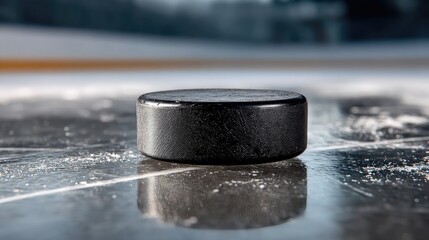 A close-up of an ice hockey puck resting on the smooth ice surface, showing visible scratches and scuff marks from intense play
