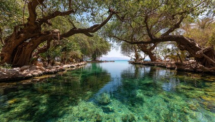 Serene, crystal-clear pool,  shaded by ancient trees,  leads to distant waters
