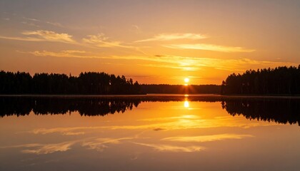 Fototapeta premium Golden Sunset Over Calm Lake With Silhouettes