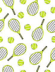 A pattern of a tennis racket and ball on a blue and white background.