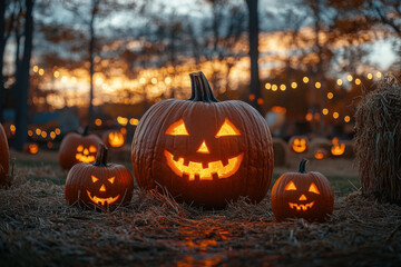 Group of pumpkins on hay in a field.