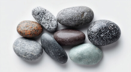 Smooth, colorful pebbles arranged on white background, showcasing natural textures and variety