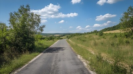 Naklejka premium Scenic country road winding through lush green fields