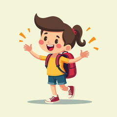 Happy cartoon student girl with backpack ready for school