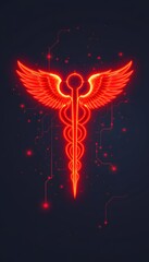 Digital Caduceus: A radiant, neon-red caduceus symbol glows against a dark background. The symbol, a classic emblem, is reimagined in a modern digital art style.