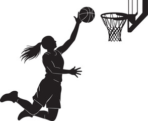 Female basketball player dunking ball near hoop vector, basketball, player, female, dunk, hoop, game, sport, action, athletic, jump, scoring, net, ball, motion, silhouette, black, white, dynamic, comp