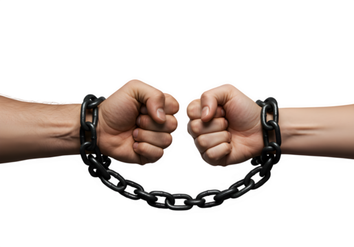 Two clenched fists connected by a dark metal chain showing strength and bondage, isolated on white or transparent background. PNG