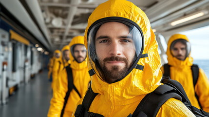 Fototapeta premium Protective suits worn by maintenance crew in ship environment, showcasing safety and teamwork