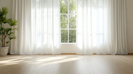 Fototapeta premium Bright morning light filters through sheer curtains serene white room, creating peaceful