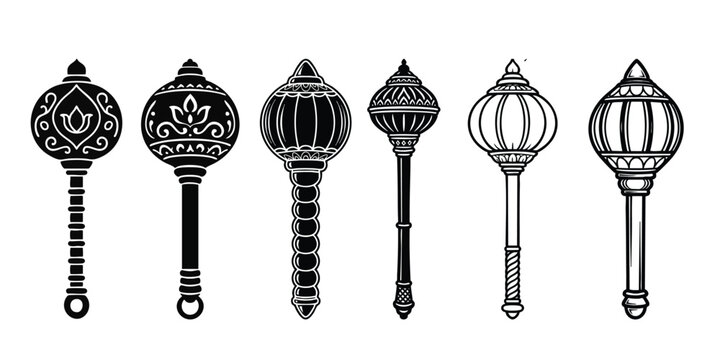 A collection of various traditional Indian mace designs, also known as Gada, in a minimalist black and white style.