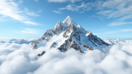 Majestic mountain peaks rise above fluffy clouds bright blue sky, creating breathtaking view