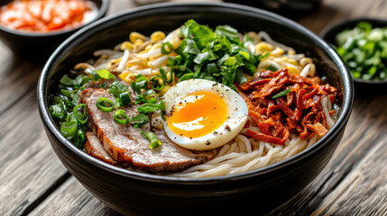 Delicious noodle soup with soft egg, meat, and fresh herbs in clay pot