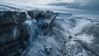 Icy cliffs cascade down a snowy canyon
