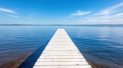 Obraz premium Serene wooden pier extends into calm blue lake under clear sky, inviting tranquility