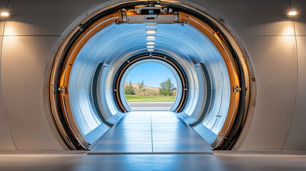 Fototapeta premium Futuristic tunnel entrance with sleek design, showcasing bright view outside. circular structure