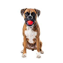 Obraz premium A brown and white boxer dog sitting patiently with a red ball in its mouth, isolated on a transparent background
