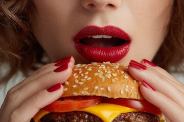 Woman with red lipstick and nails taking a large bite of a juicy cheeseburger