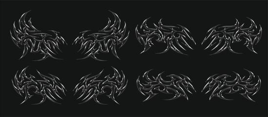 3d chrome metal of y2k tribal sigilism heart tatto. Flame shape in liquid mercury. 3d illustration of abstract neo tribal cyber sigil metallic melted modern burn form, design element. 3D Illustration