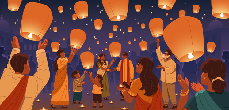 People celebrate Diwali holiday. Indian festival of light. Hindus launch lanterns into sky at night. Happy families with candles, flying lamps are greeting. Culture of India. Flat vector illustration - Powered by Adobe