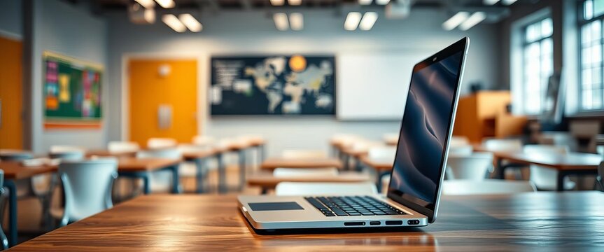 Laptop on table, blurred classroom background, desk, virtual classroom