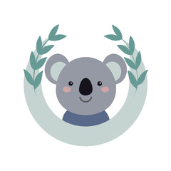 Cute cartoon koala in eucalyptus wreath on white background animal