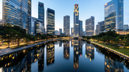 Fototapeta premium Modern skyscrapers reflect in calm river during blue hour, creating serene urban scene