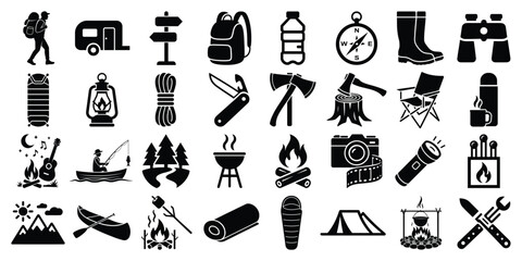 Camping & Outdoor Adventure Icon Set – Hiking, Fishing, Campfire, Tools & Equipment