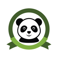Fototapeta premium Cute cartoon panda in a green ribbon emblem on white background animal illustration