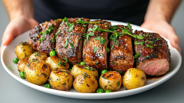 Juicy roast lamb with golden potatoes and fresh herbs creates delightful meal