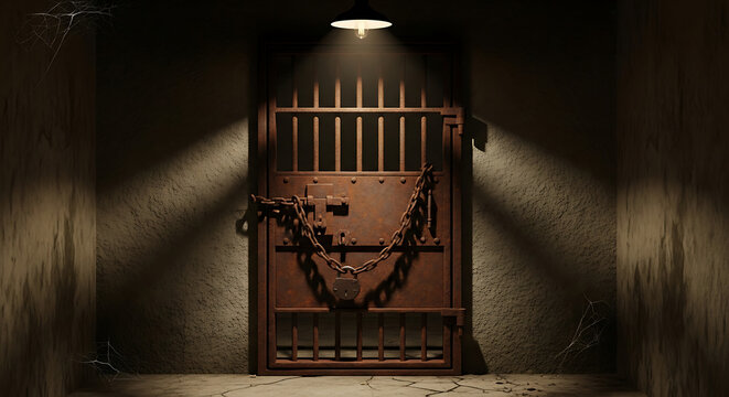 A dimly lit prison cell door with iron bars and chains on Krishna janmashtami, conveying a somber mood.