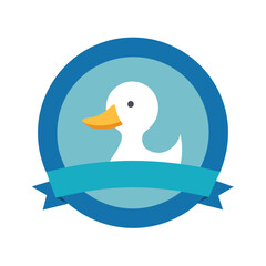 Cute cartoon rubber duck in a blue circular badge with ribbon bath toy