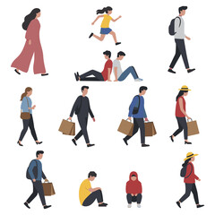 Diverse group of people in various activities casual lifestyle walking shopping sitting running vector illustration