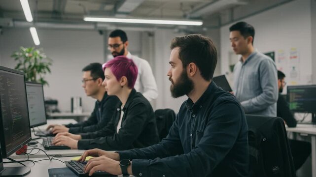 A Group of Developers Collaborating in a Modern Office Environment, Engaged in Coding and Problem Solving with a Focus on Teamwork and Technology