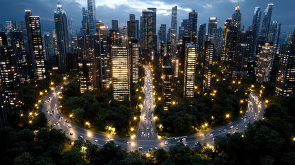 Obraz premium Aerial view of modern cityscape at night, showcasing illuminated skyscrapers and busy roads