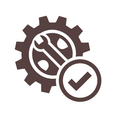 Gear with wrench and checkmark icon symbolizing mechanical repair and completion on white background Keywords: gear, wrench, spanner, tool