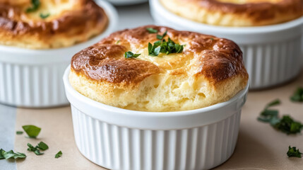 Golden and airy cheese souffle rising in ramekin, garnished with fresh herbs