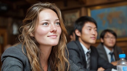 Obraz premium Photo of a young woman listens attentively during a university lecture with diverse international students