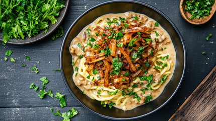 Creamy egg noodles topped with savory gravy and crispy onions, garnished with fresh herbs